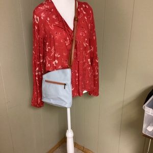 Pale blue leather crossbody bag.